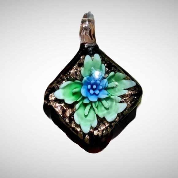 None Jewelry - Hand Blown Diamond Shaped Green Blue Flowering Plant Glass Floral Pendant